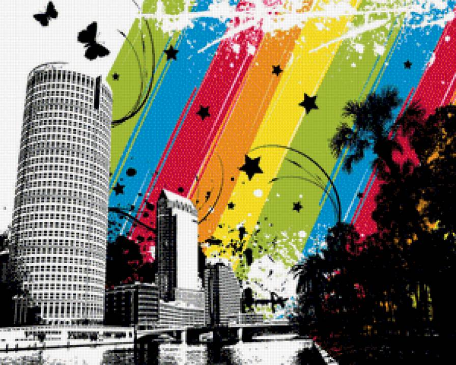 радужный город - радуга, бабочки, абстракция, город, дома, деревья - предпросмотр