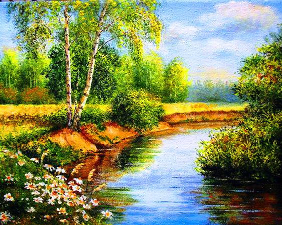 пейзаж с березами - березы, лес, пейзаж, река - оригинал