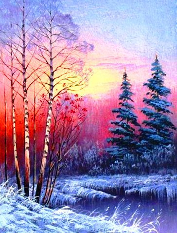 зимний закат - закат, снег, зима, пейзаж, лес - оригинал