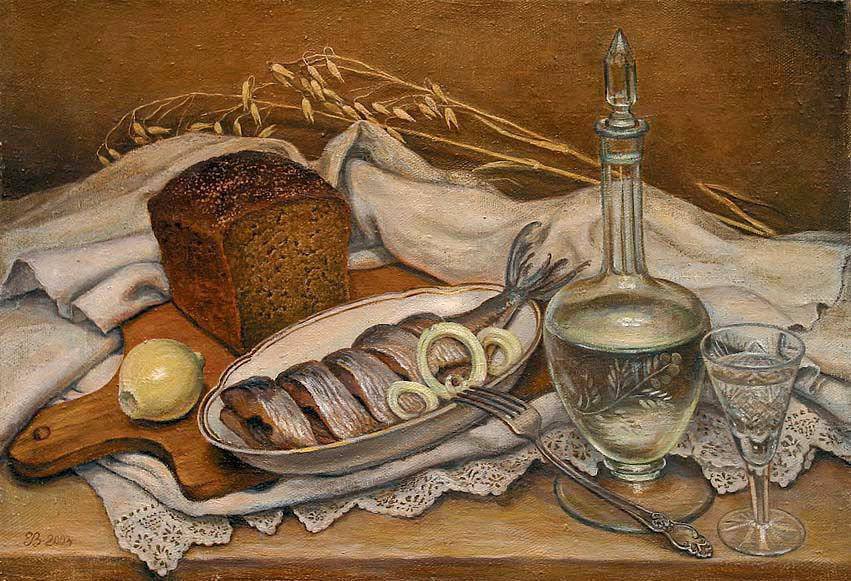 натюрморт - хлеб, селедка, водка, натюрморт - оригинал