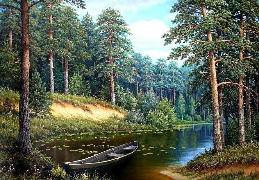 Пейзаж - лодка, лес, речка, природа - оригинал