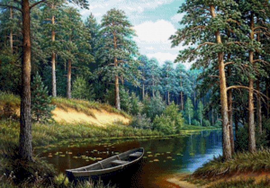 Пейзаж - лес, речка, природа, лодка - предпросмотр