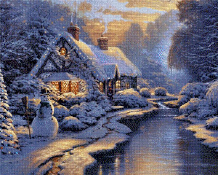 зимняя сказка - вечер, картина, зима, дом - предпросмотр