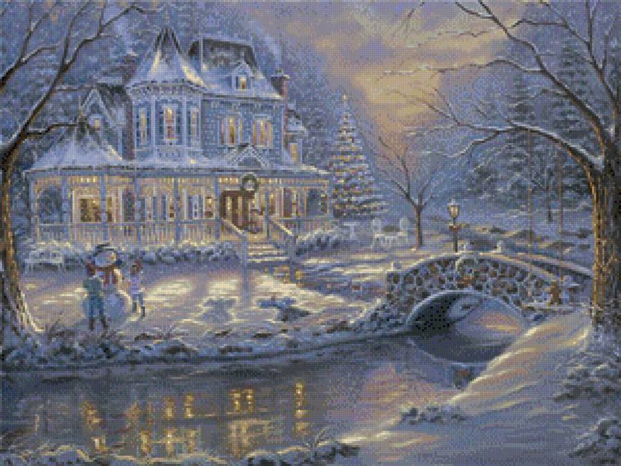 зимний вечер - дом, мостик, зима, перед рождеством, река - предпросмотр