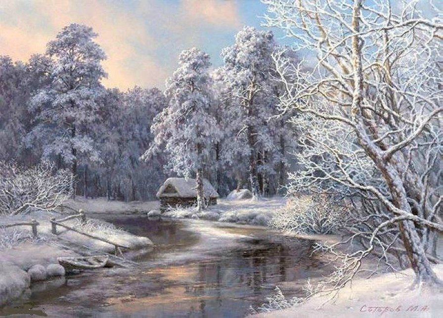 белым бело - у реки, морозная свежесть, снег, природа, зима, дом, деревья - оригинал