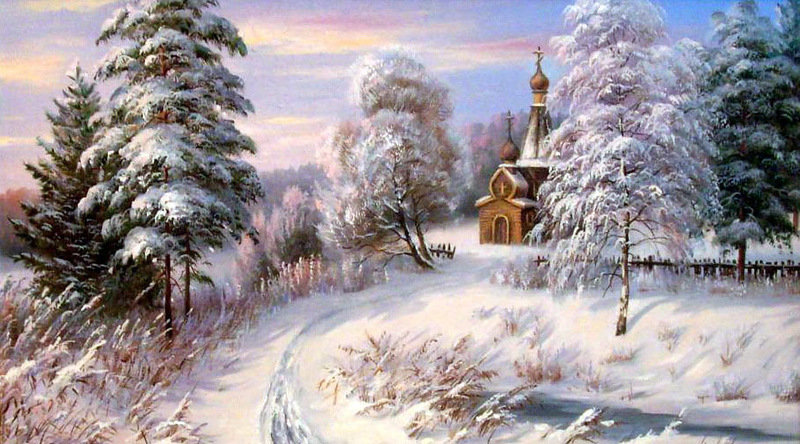 картина - церковь, лес, пейзаж, природа, зима - оригинал