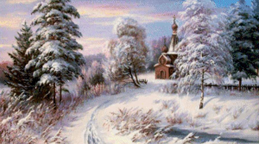 картина - пейзаж, зима, лес, церковь, природа - предпросмотр