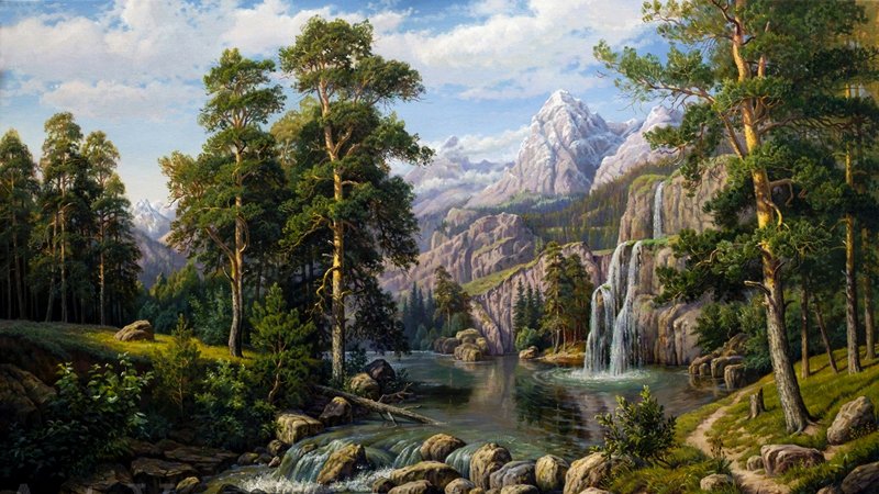 горный пейзаж - природа, водопад, картина, пейзаж - оригинал