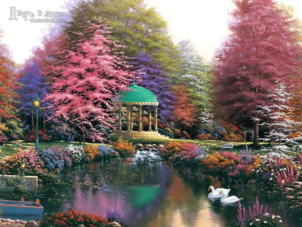 беседка - пруд, беседка, лебеди, природа, цветы, сад - оригинал