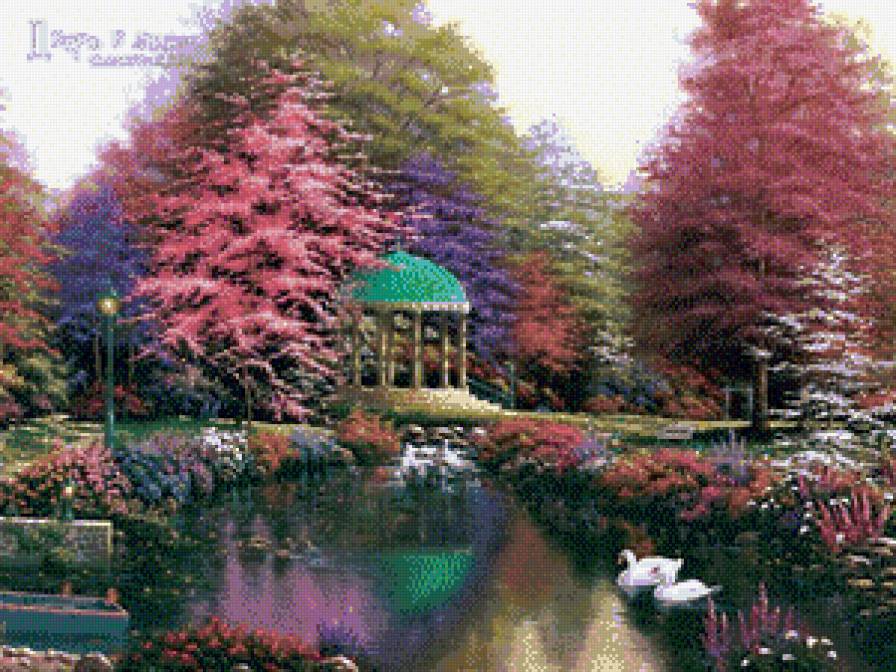 беседка - пруд, сад, природа, лебеди, беседка, цветы - предпросмотр