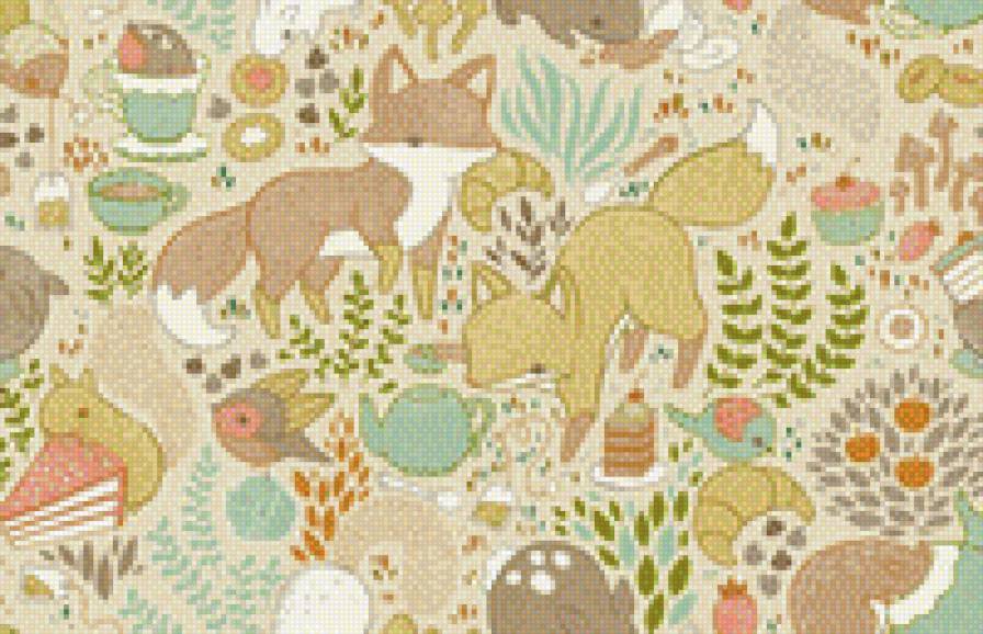 Чаепитие - чай, лисы, вкусняшки, фон, звери - предпросмотр