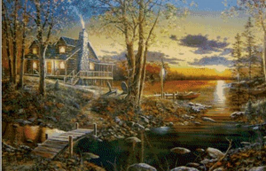 Домик у озера - живопись, рисунок, акварель - предпросмотр