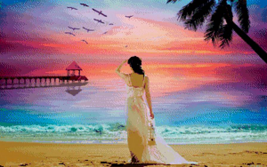 таинственная незнакомка - девушка, пляж, ожидание, пристань, птицы, закат, вечер - предпросмотр