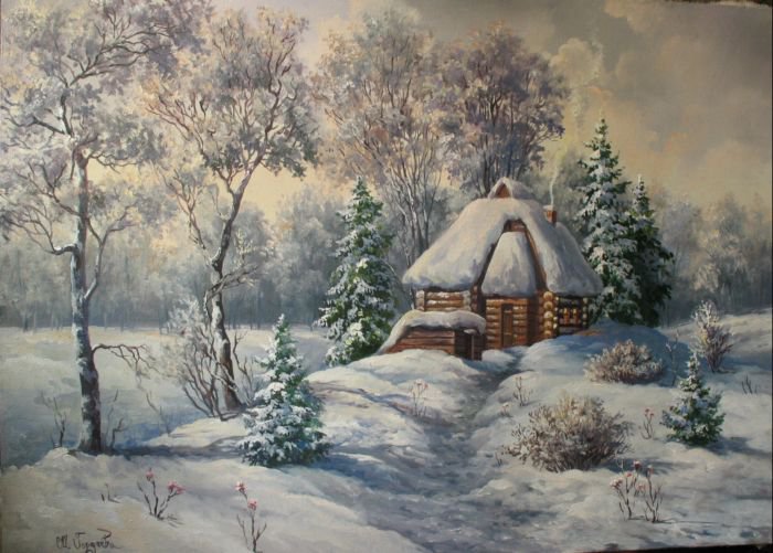 домик - лес, пейзаж, деревья, дом, зима - оригинал