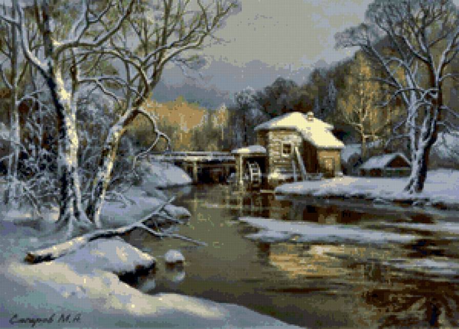 мельница - река, пейзаж, лес, деревья, зима, дом - предпросмотр