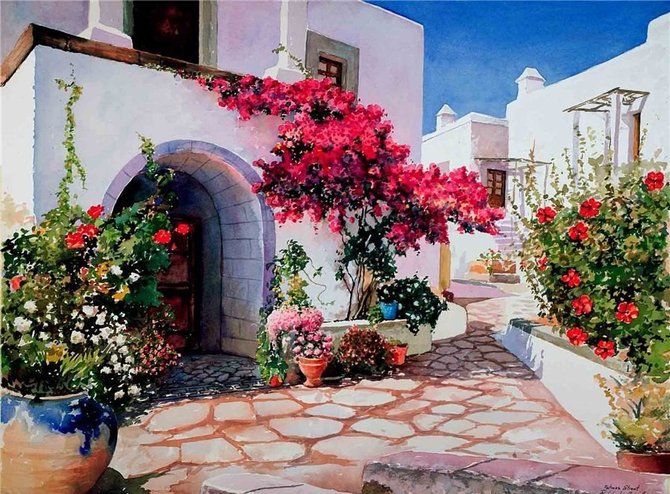 дворик - лето, пейзаж, цветы - оригинал