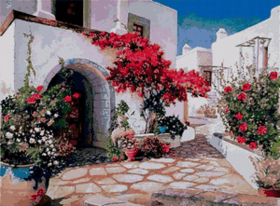 дворик - лето, цветы, пейзаж - предпросмотр