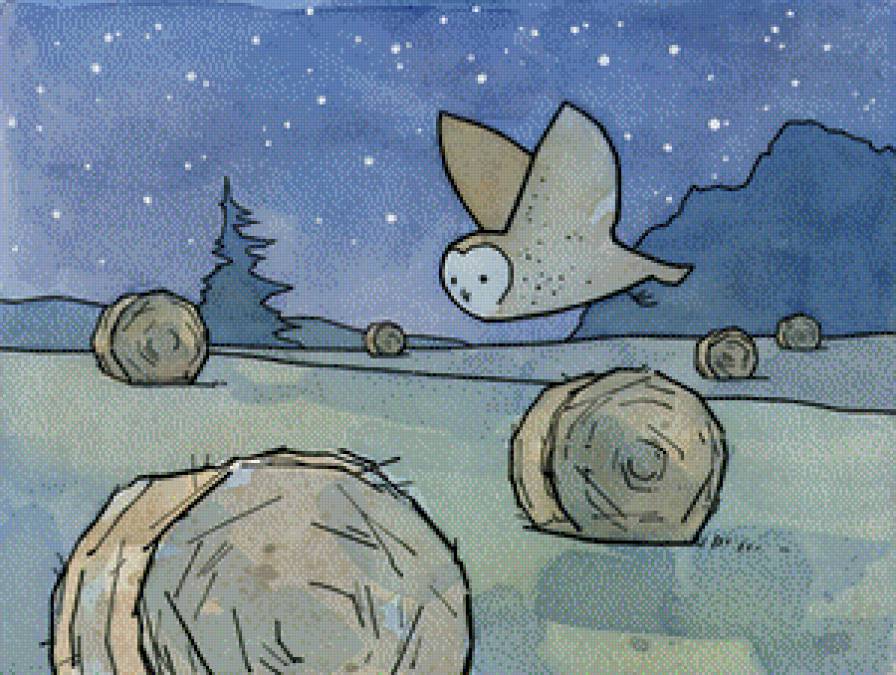 Ночной полет - сова, ночь, звезды. сено - предпросмотр