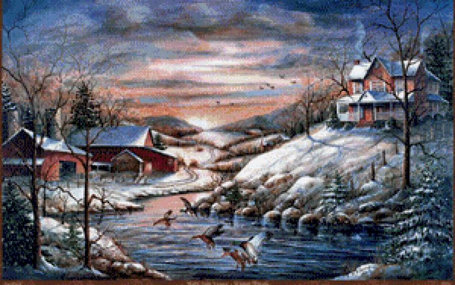 серия "зима" - пейзаж.деревня.дом.зима.закат.река.птицы.утки - предпросмотр