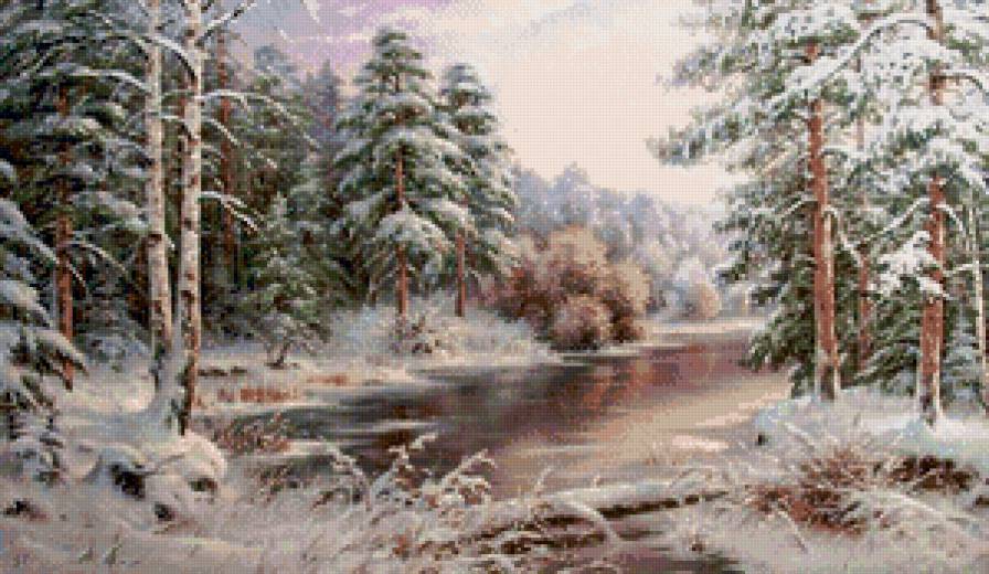 зимний пейзаж - природа, пейзаж, картина - предпросмотр