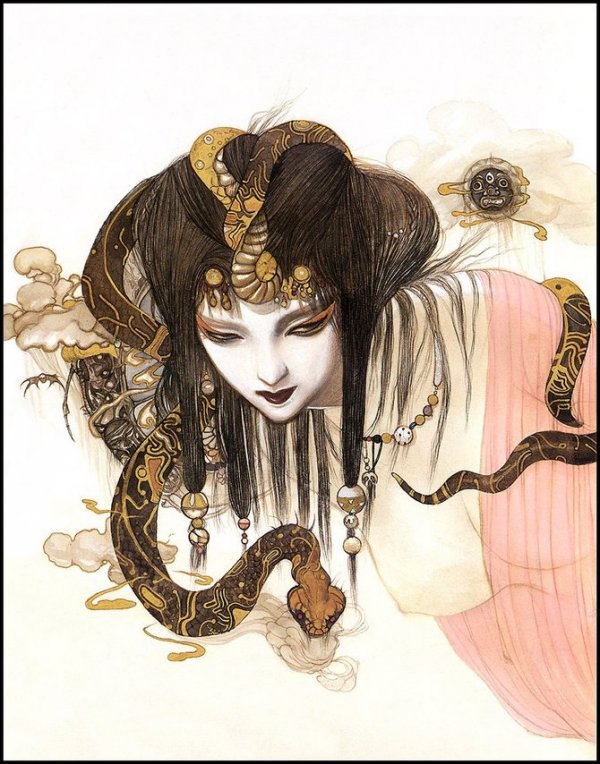 Диалог - портрет, фея, япония, открытка, рисунок, змея - оригинал