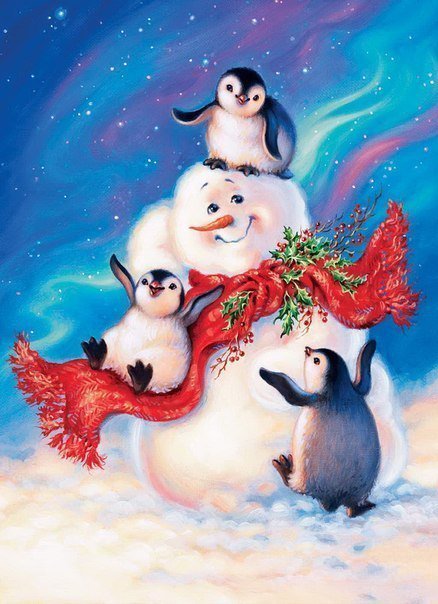 Снеговик и пингвины - снег, зима, снеговик - оригинал