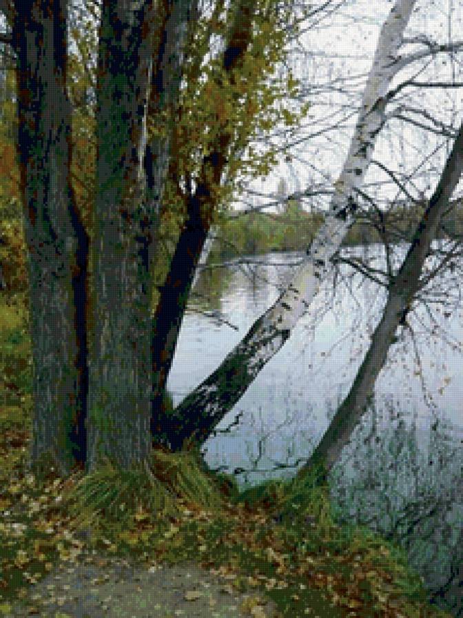 у воды - деревья, картина, пруд, лето, пейзаж - предпросмотр