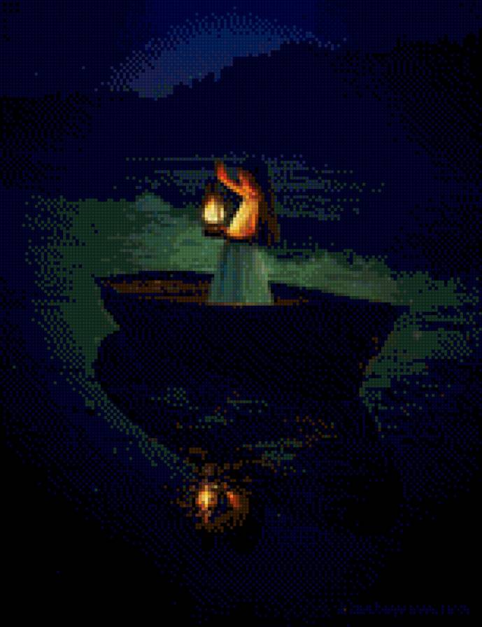 девочка - девочка, фонарь, лодка, река - предпросмотр