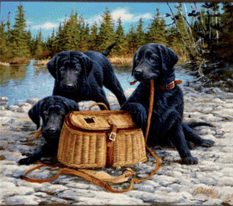 пикник - животные, картина, собака, щенки - предпросмотр