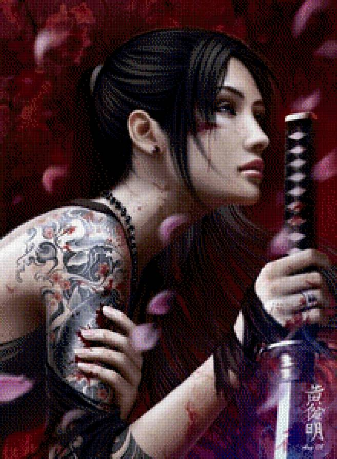 Самурай - азиатка, девушка, тату. - предпросмотр