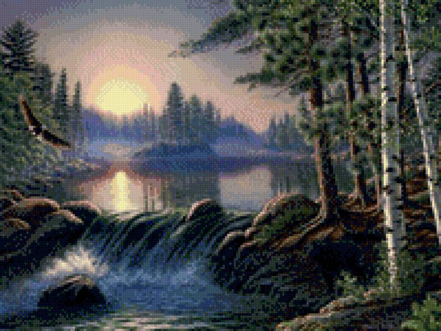 водопад - орел, картина, полет, пейзаж, природа, рассвет - предпросмотр