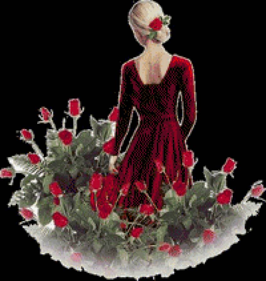 dama en rojo sobre rosas rojas - предпросмотр