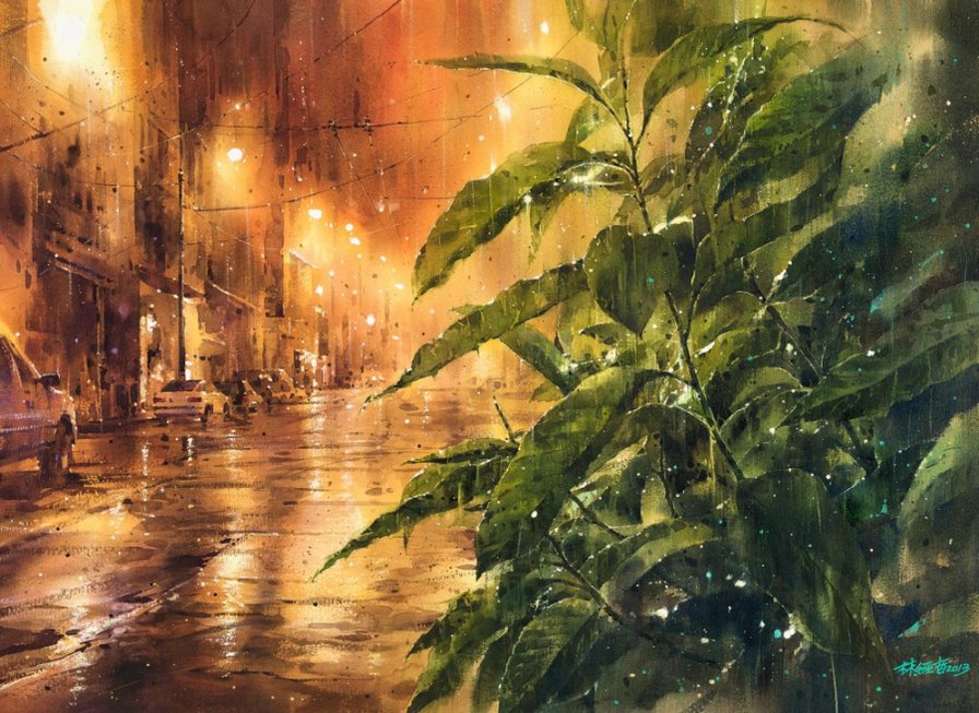 дождливый вечер - дождь, фонари, город, вечер - оригинал