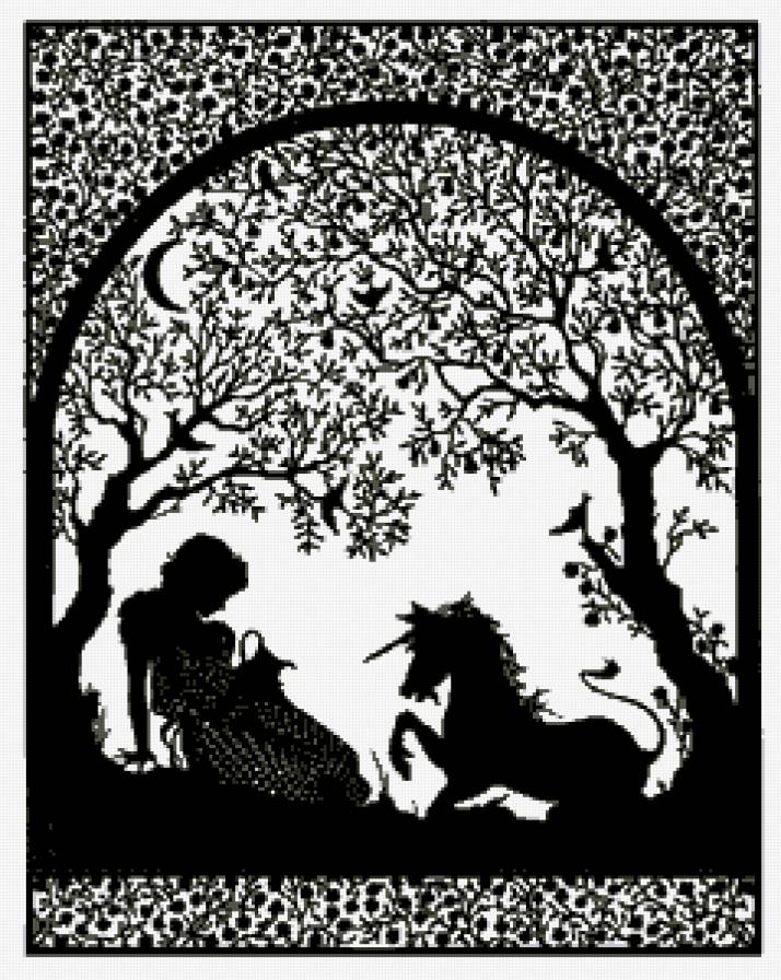 Монохром - фэнтези, пейзаж, монохром, еденорог, девушка - предпросмотр