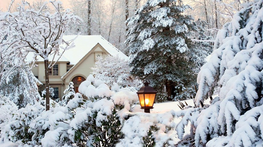 Снежная зима - зима, дом, фонарь - оригинал