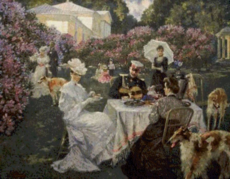 СЕРИЯ "ДВОРЯНСКАЯ УСАДЬБА". ЧАЕПИТИЕ В САДУ - компания, господа, сад, стол, чай, дамы, сирень, собаки, весна - предпросмотр