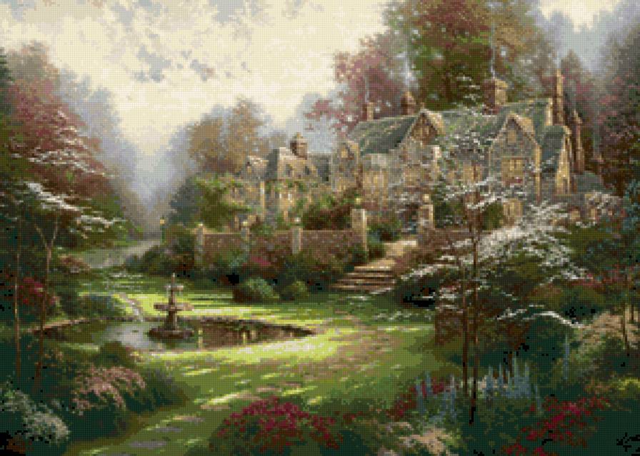 Поместье летом.Т.Кинкейд. - сад, дом, вода. - предпросмотр