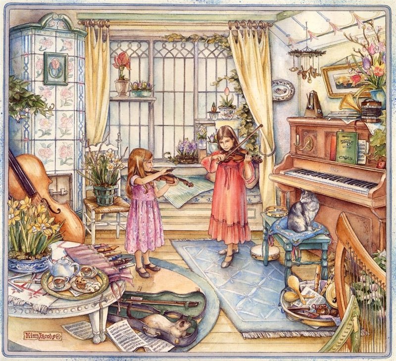 музыцирование - комната, котики, коты, дети - оригинал