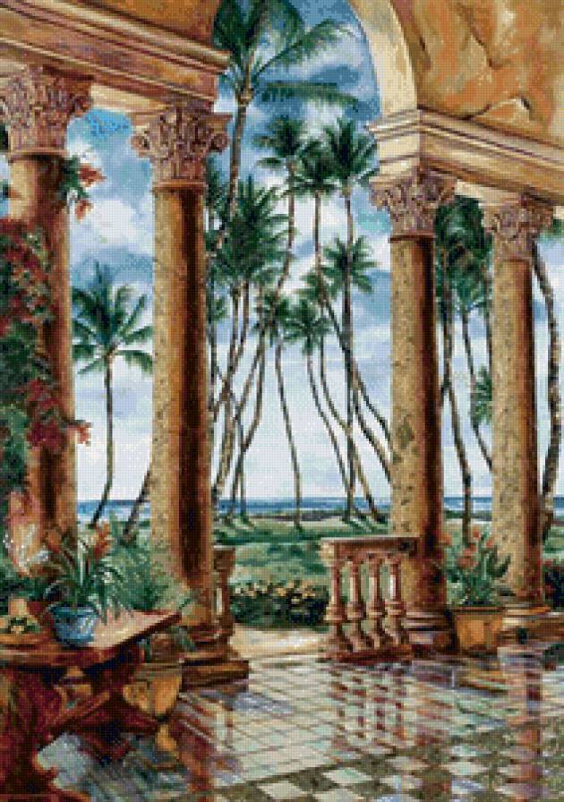дворик с пальмами - лето, дворик, море, юг, жара, пальмы, океан - предпросмотр