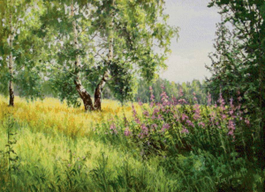 пейзаж с берёзами - живопись, лес, пейзаж, природа, цветы, дерево, лето, береза - предпросмотр