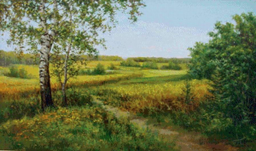 берёза - луг, береза, живопись, пейзаж, осень, дерево, поляна, лес - предпросмотр