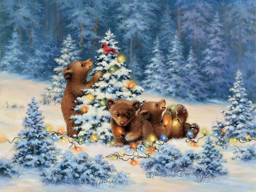 Новогоднее - в лесу, медведи, снег, праздник - оригинал