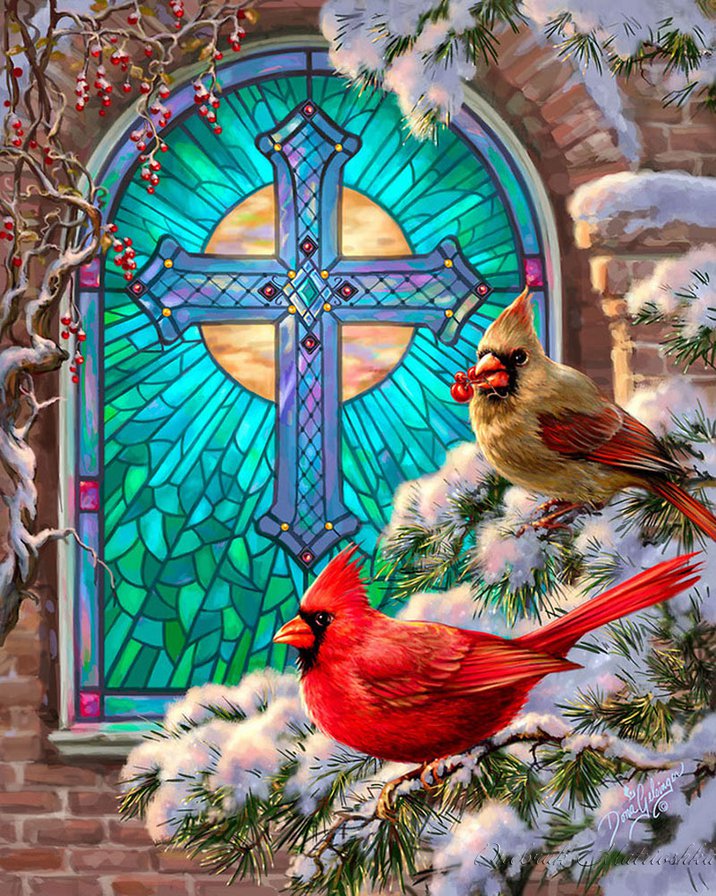 Новогоднее-2 - птицы, окно, праздник, снег - оригинал