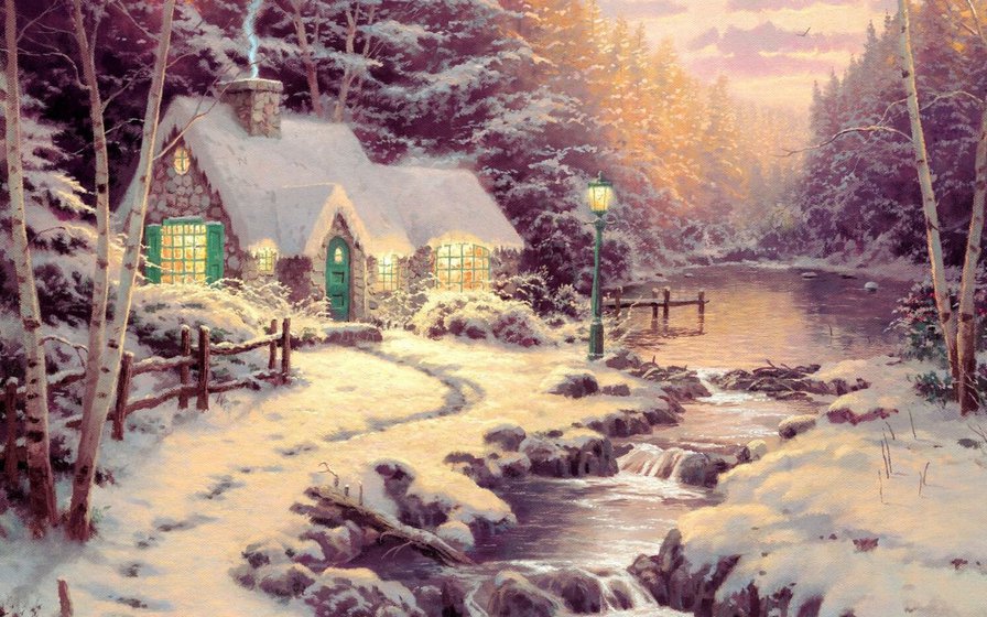 домик в лесу - озеро, вечер, зима, пейзаж, домик - оригинал