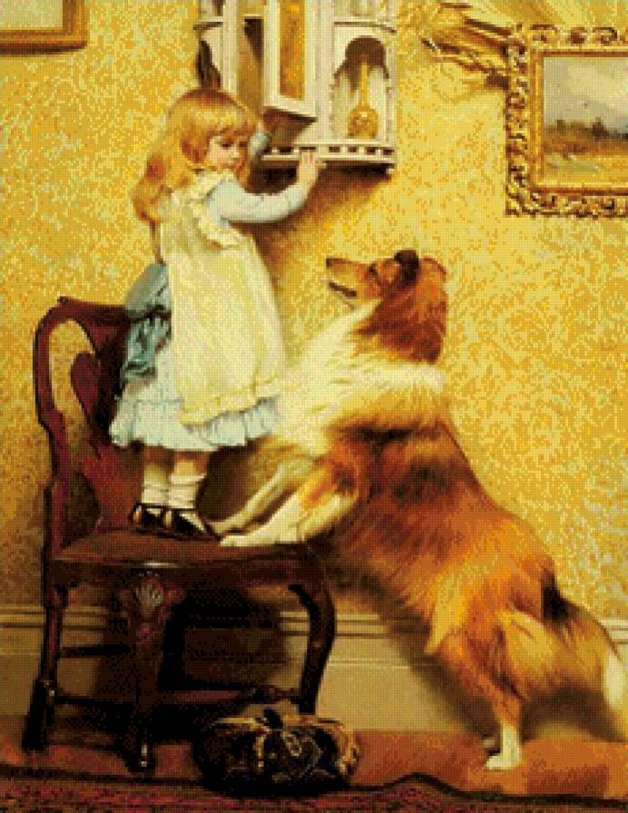 девочка и собака - ребенок, девочка, собака, животные, живопись - предпросмотр