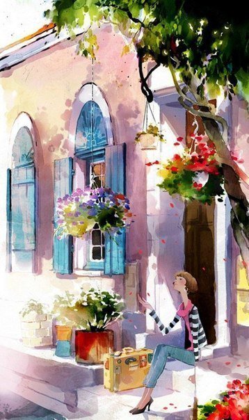 на крыльце - город, двор, рисунок, акварель, цветы - оригинал