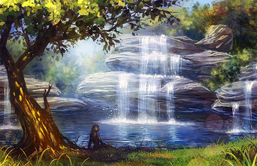 водопад - дерево, живопись, водопад, природа, пейзаж, река - оригинал