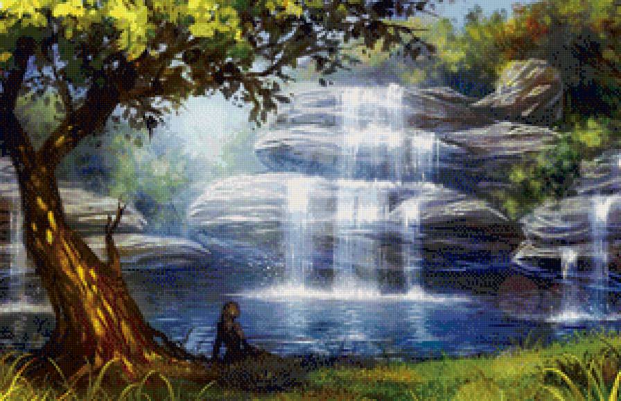 водопад - пейзаж, река, природа, дерево, живопись, водопад - предпросмотр