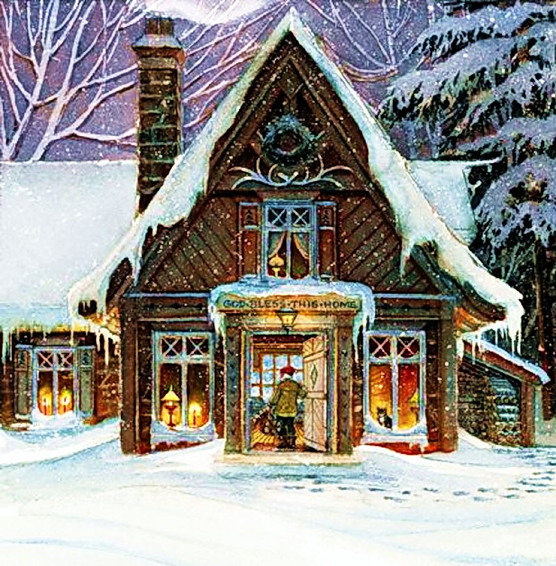 зимний вечер - домик, живопись, зима, пейзаж, праздник, картина - оригинал