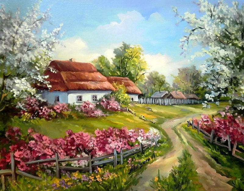 сельский пейзаж - пейзаж, цвет, природа, деревня, живопись, село, весна - оригинал